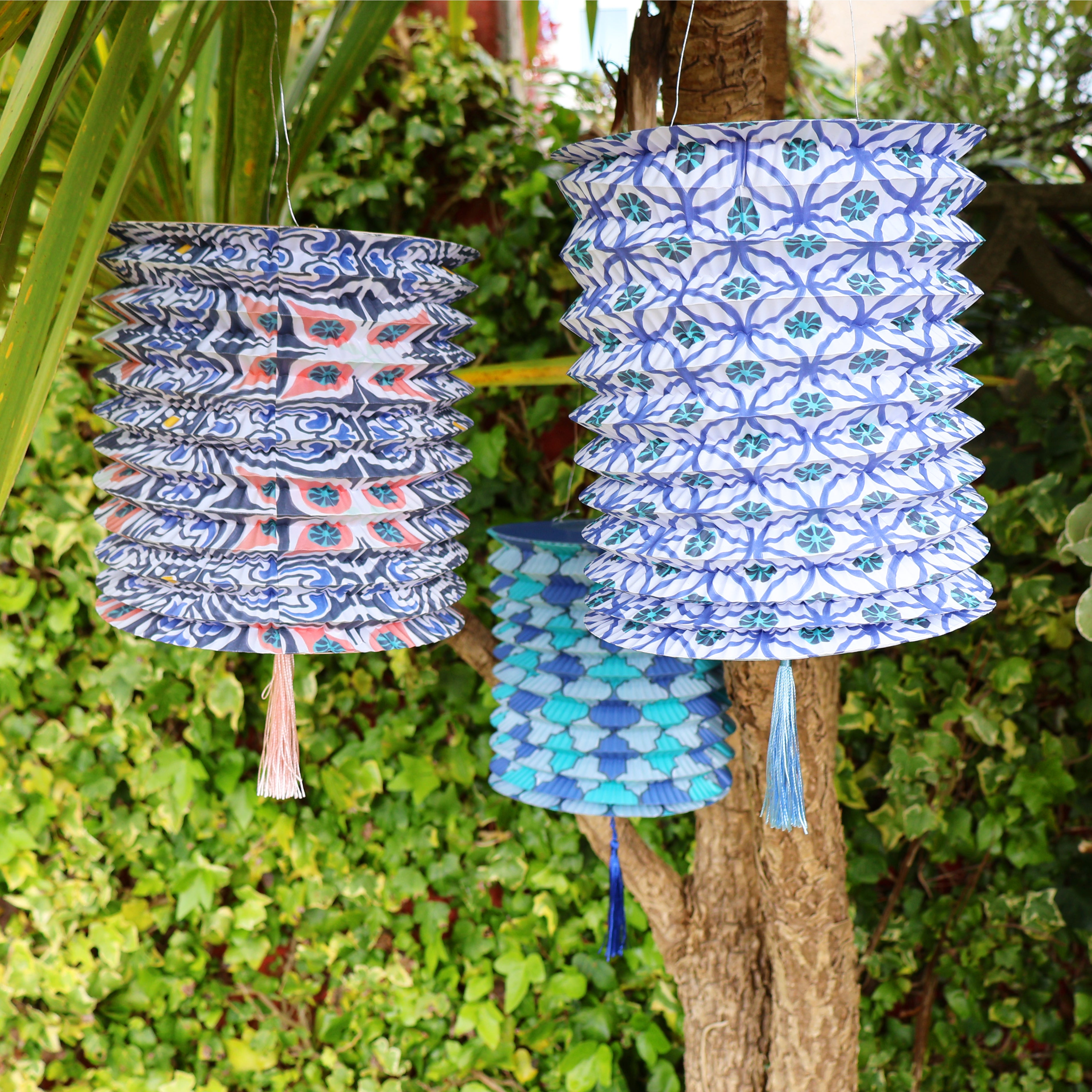 Blue and White Paper Hanging Lanterns Pack of 3 - Talking Tables