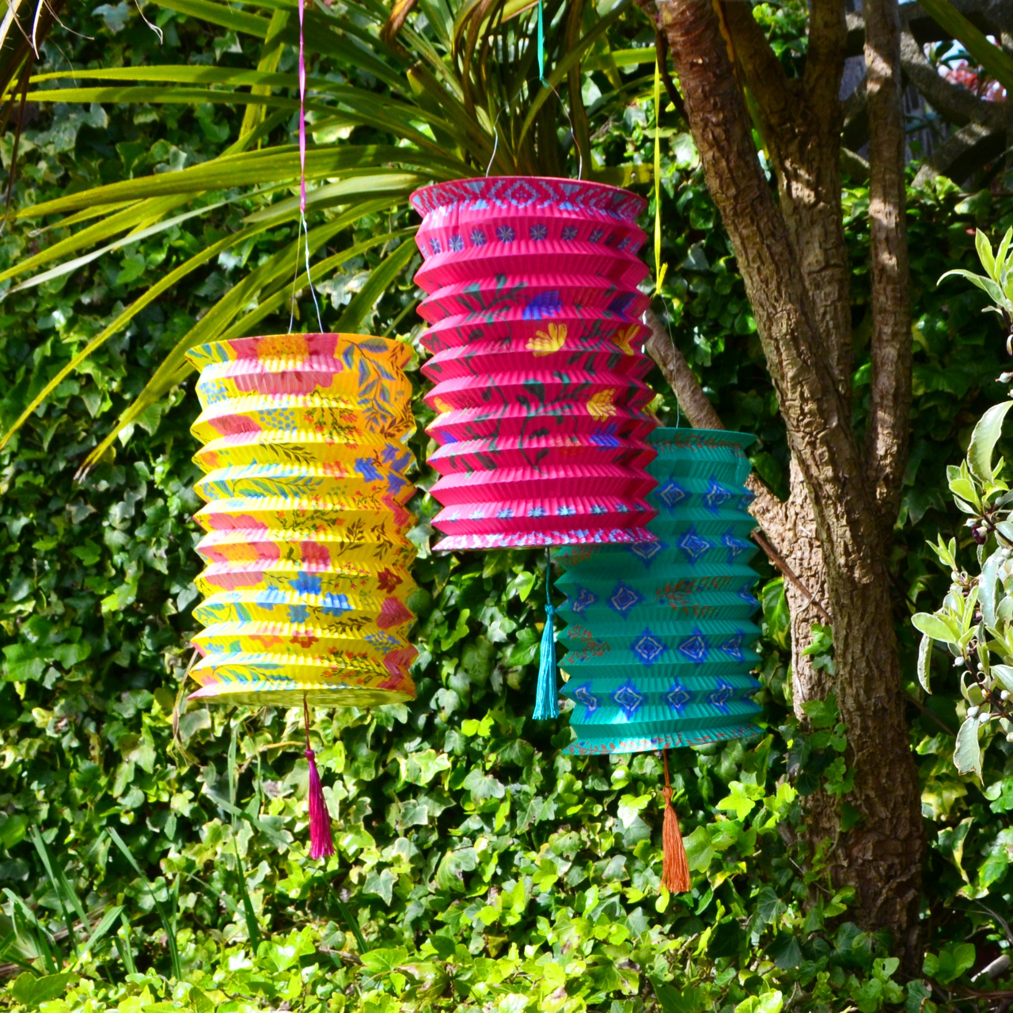 Floral Paper Hanging Lanterns with Tassels