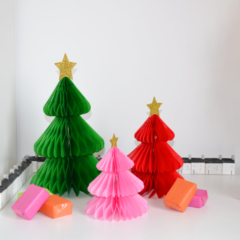 Bright Christmas Tree Honeycomb Decorations x 3