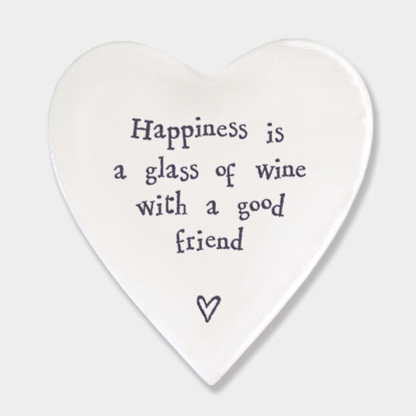East of India 'Happiness is a Glass of Wine' Porcelain Heart Coaster