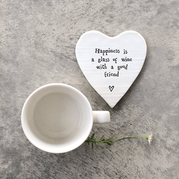 East of India 'Happiness is a Glass of Wine' Porcelain Heart Coaster