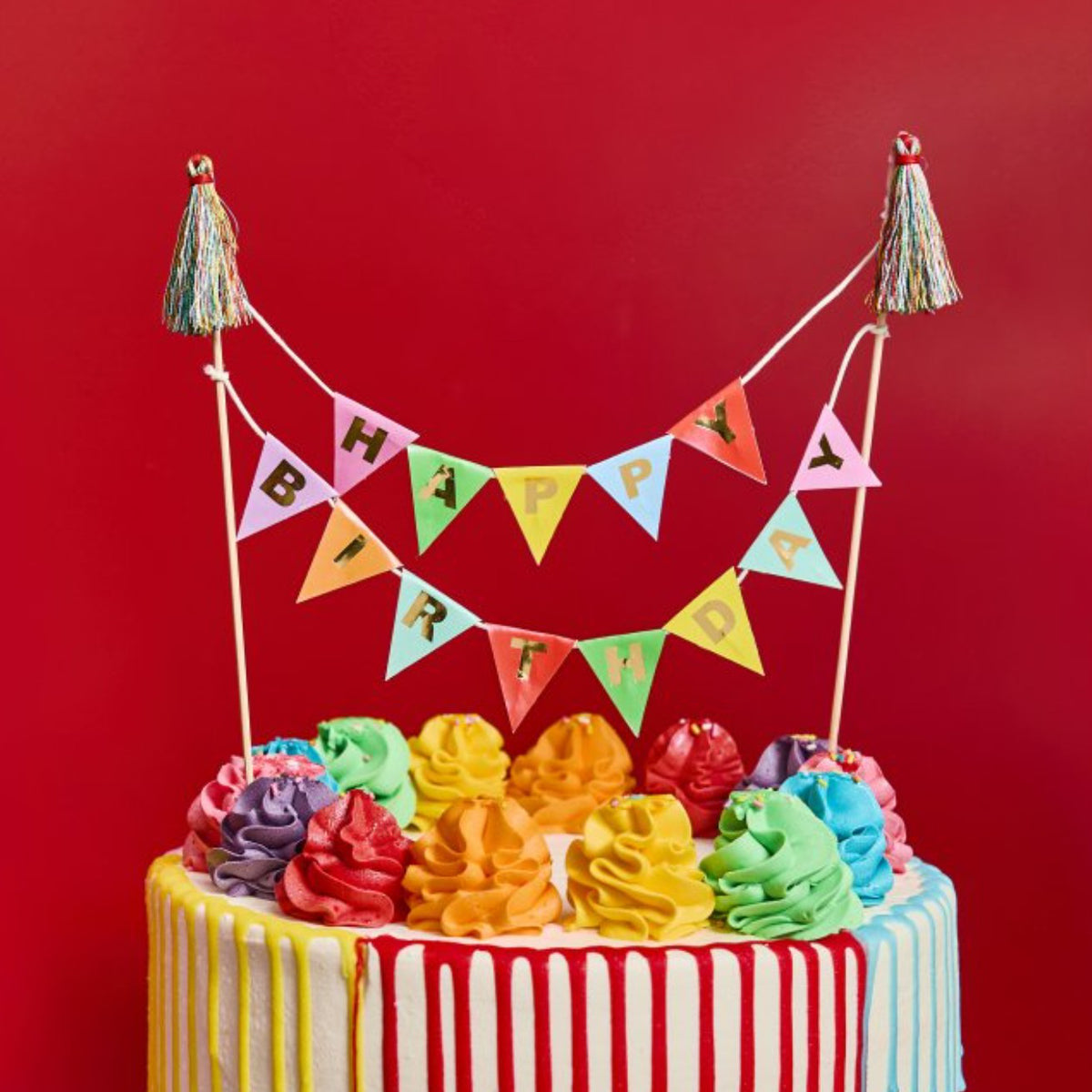 Happy Birthday Bunting Card Cake Topper with Tassels