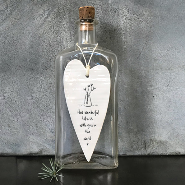 East of India 'How Wonderful Life is' Long Porcelain Hanging Heart