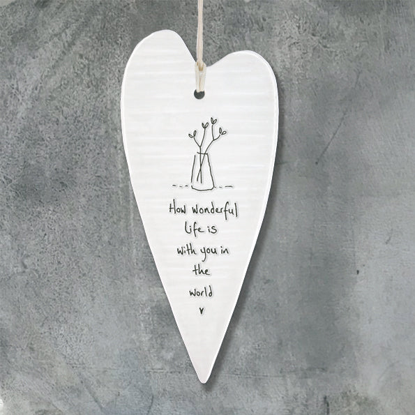East of India 'How Wonderful Life is' Long Porcelain Hanging Heart
