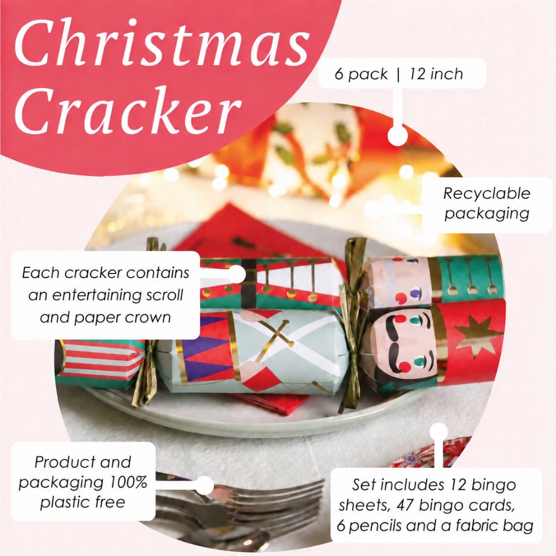 Nutcracker Christmas Crackers with Bingo Game - Pack of 6