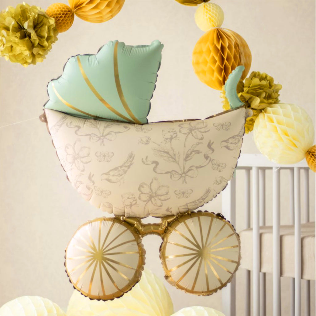 Large Cream, Gold & Light Green Baby Pram Foil Balloon