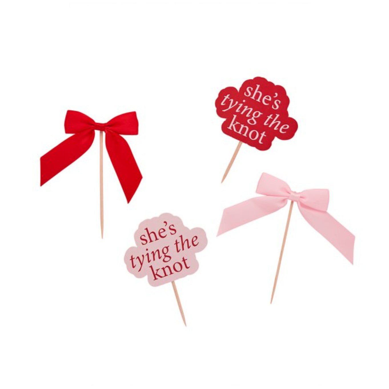 Pink & Red She's Tying The Knot Satin Bows Cupcake Toppers x 12