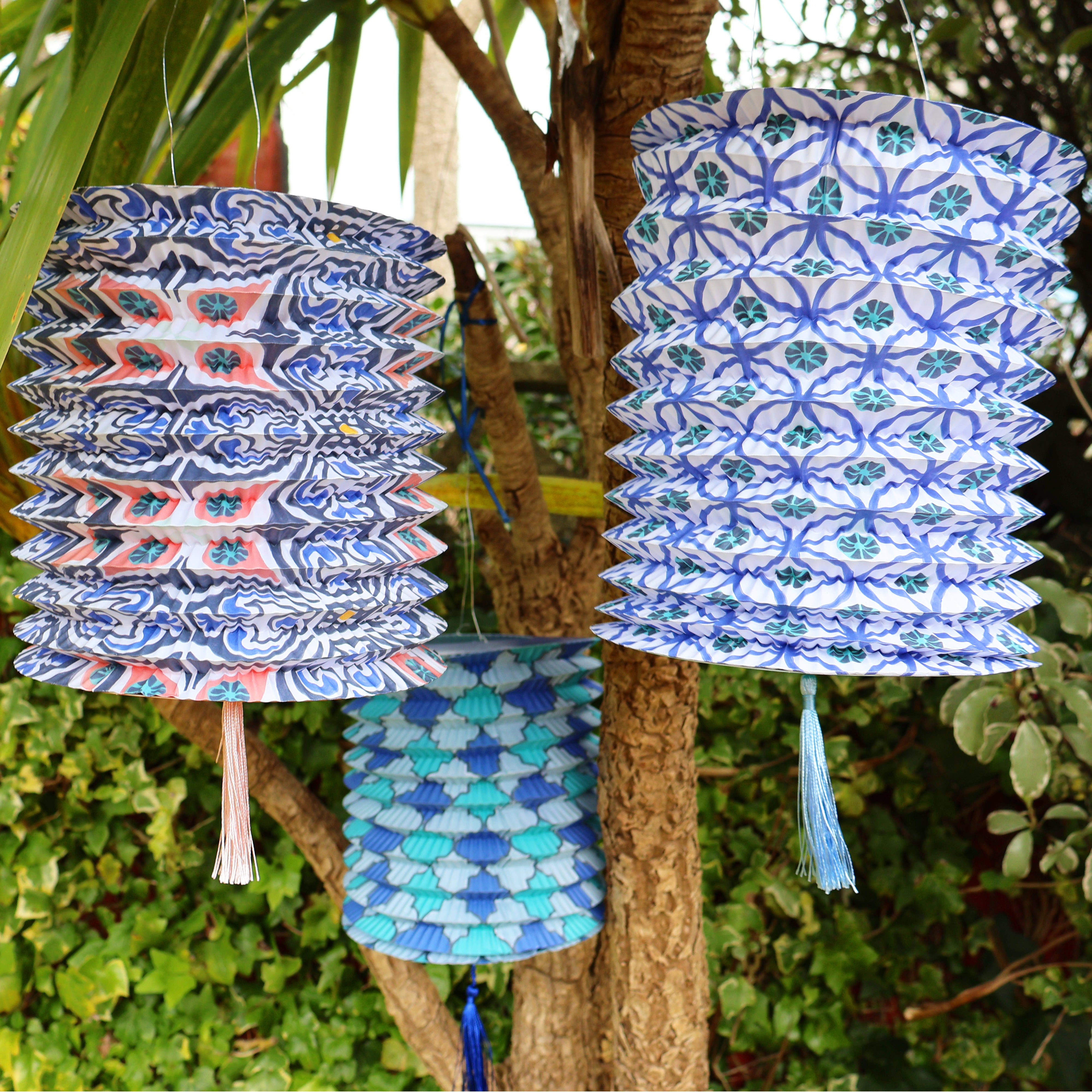 Blue and White Paper Hanging Lanterns Pack of 3 - Talking Tables