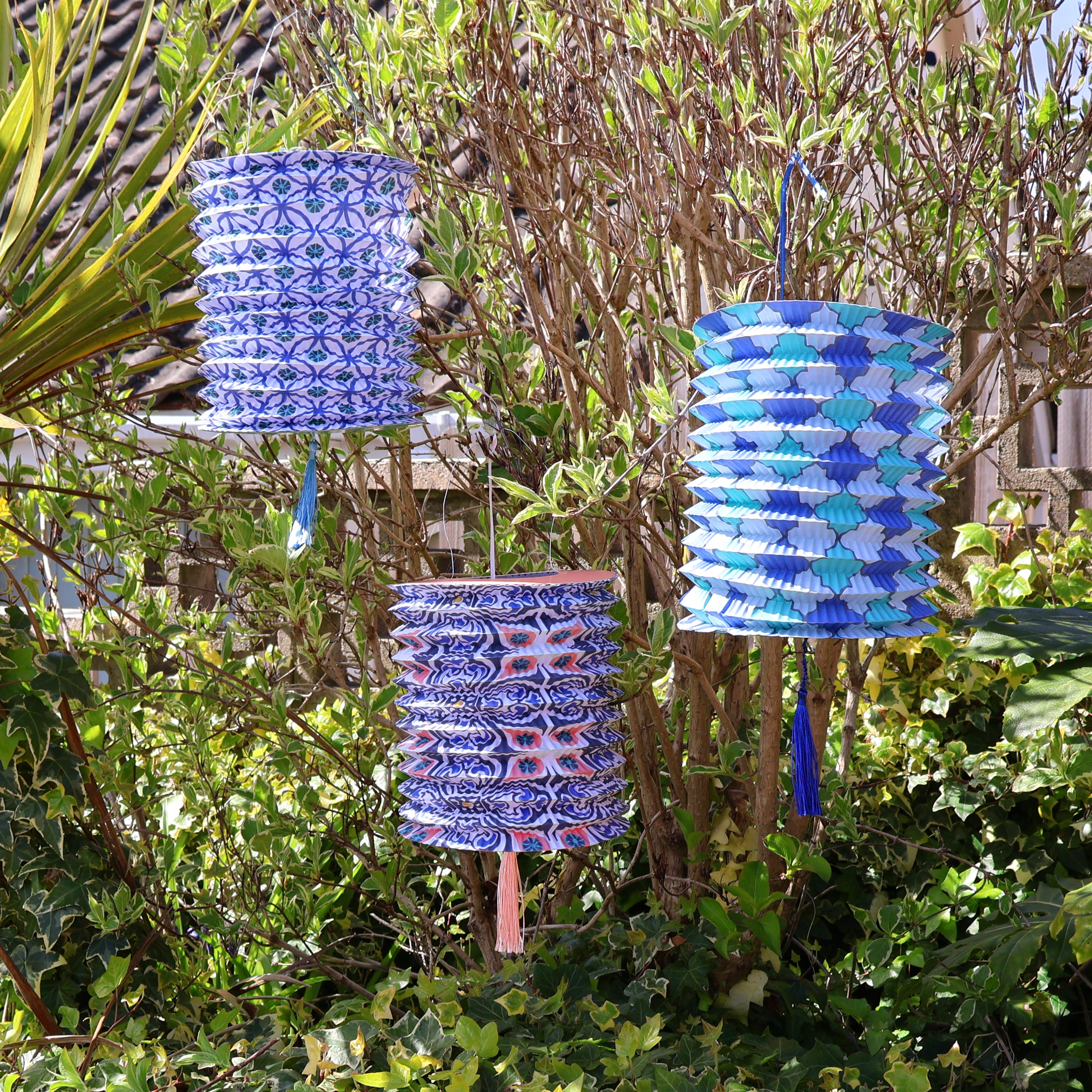 Blue and White Paper Hanging Lanterns Pack of 3 - Talking Tables