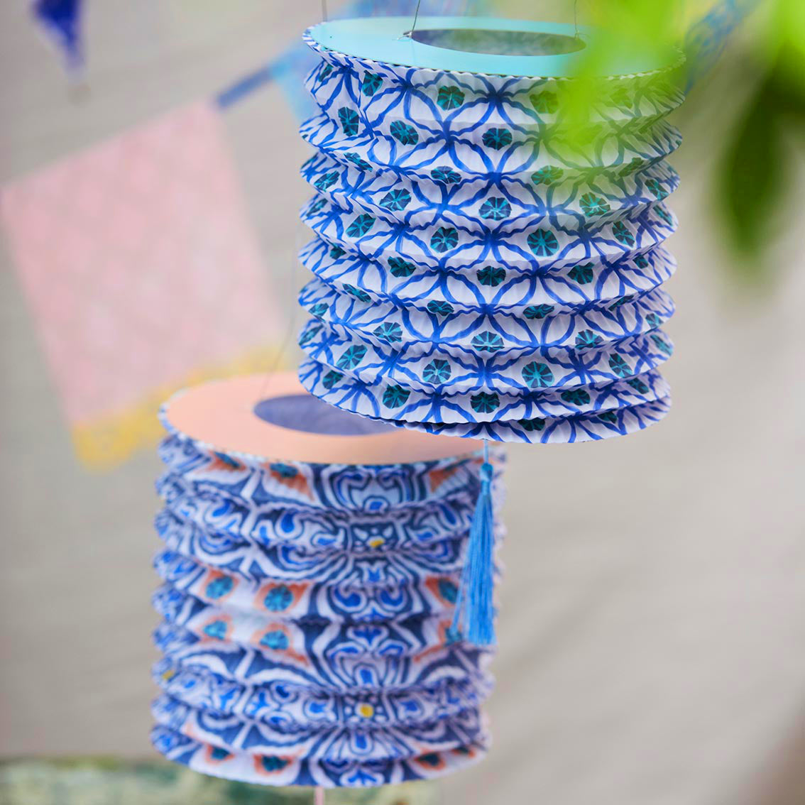 Blue and White Paper Hanging Lanterns Pack of 3 - Talking Tables