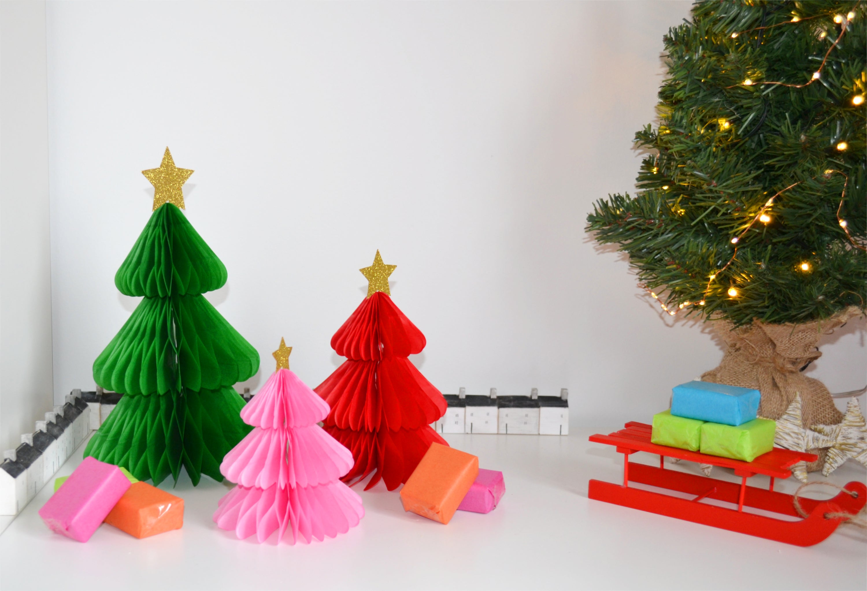 Bright Christmas Tree Honeycomb Decorations x 3