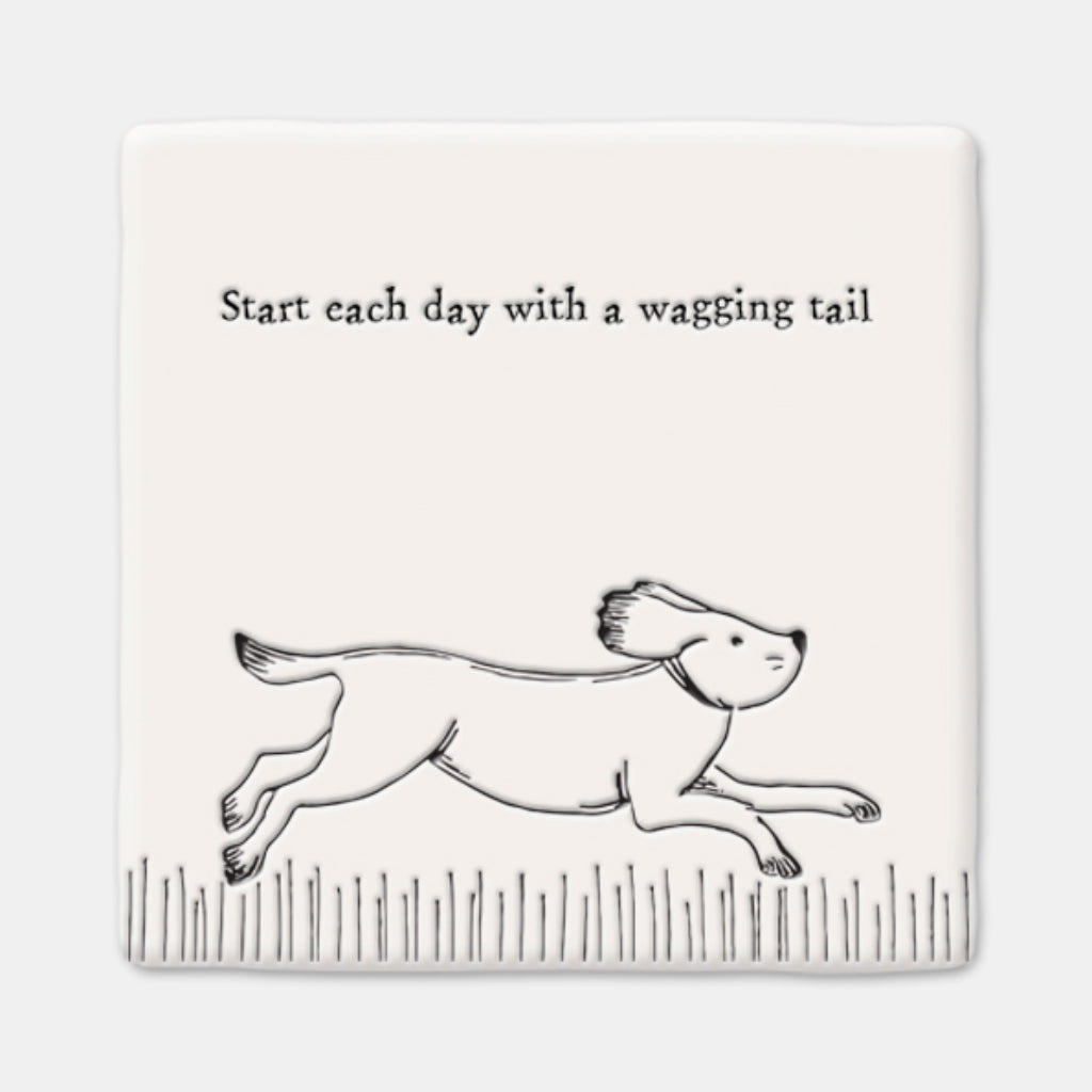 East of India Porcelain Square Coaster - Start Each Day With a Wagging Tail