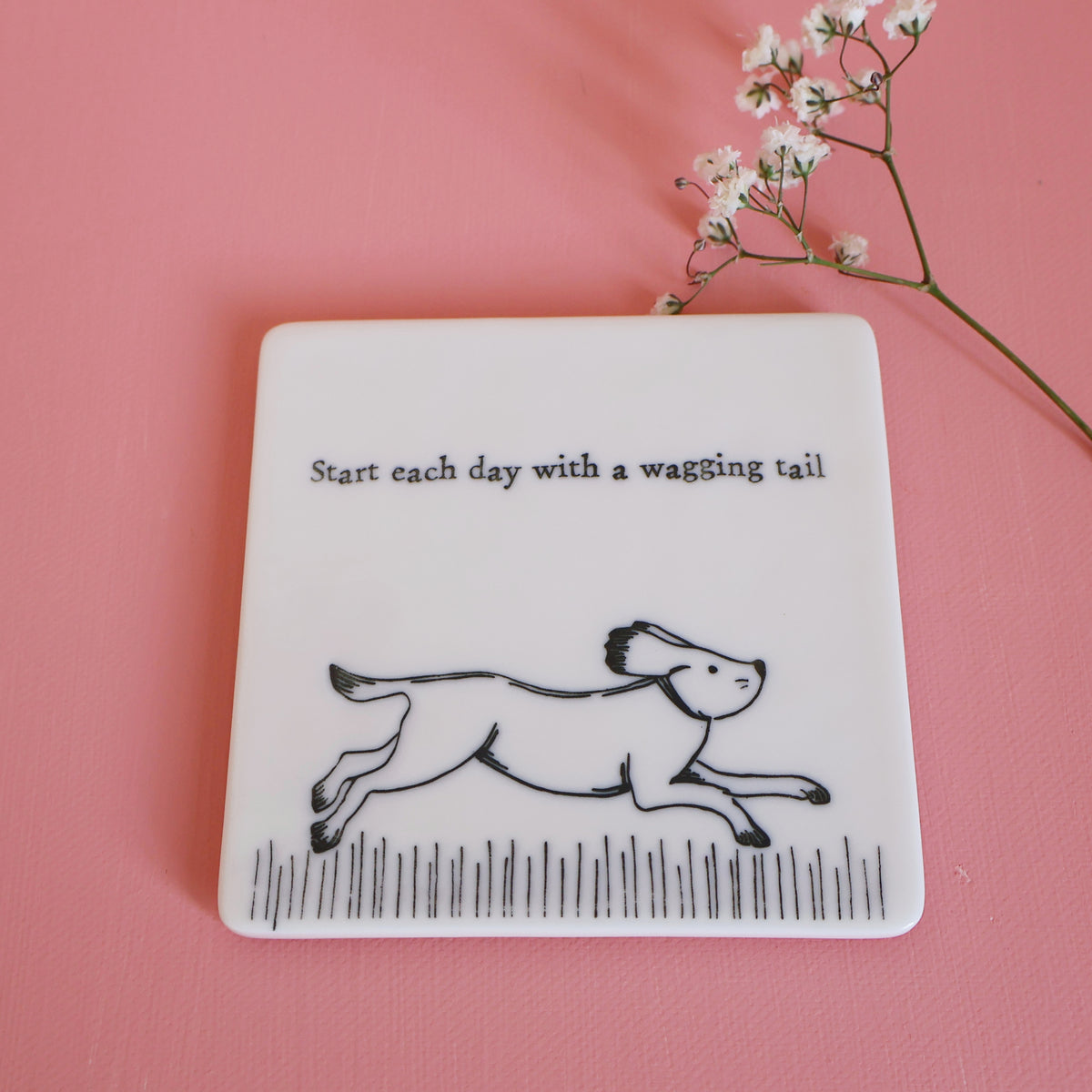East of India Porcelain Square Coaster - Start Each Day With a Wagging Tail