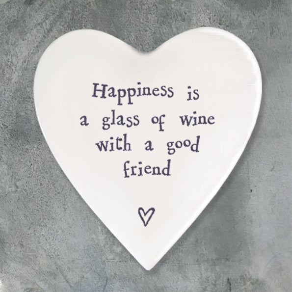 East of India 'Happiness is a Glass of Wine' Porcelain Heart Coaster