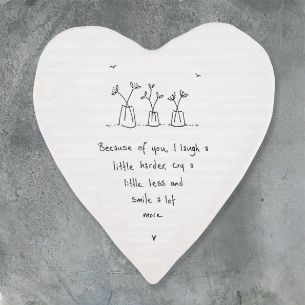 East of India 'Because of  You I Laugh a Little Harder' Porcelain Heart Coaster