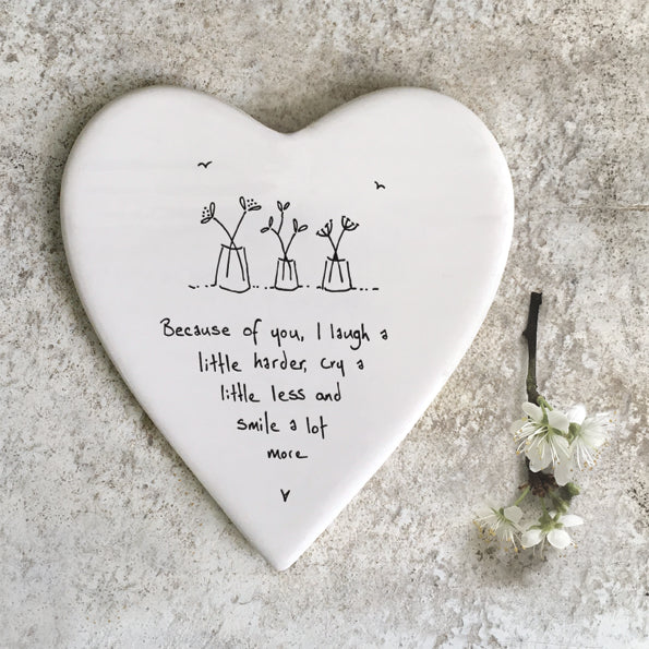 East of India 'Because of  You I Laugh a Little Harder' Porcelain Heart Coaster