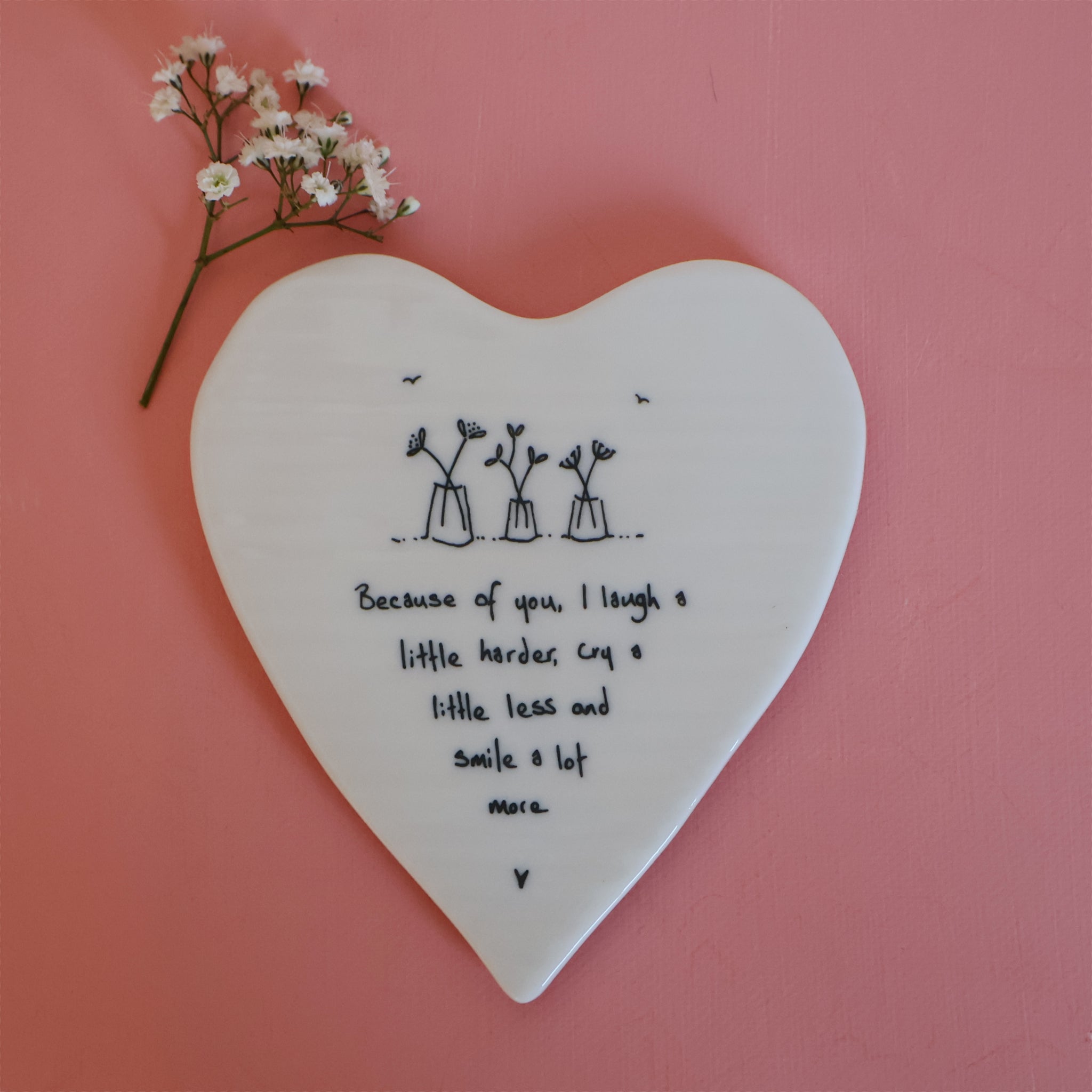 East of India 'Because of  You I Laugh a Little Harder' Porcelain Heart Coaster