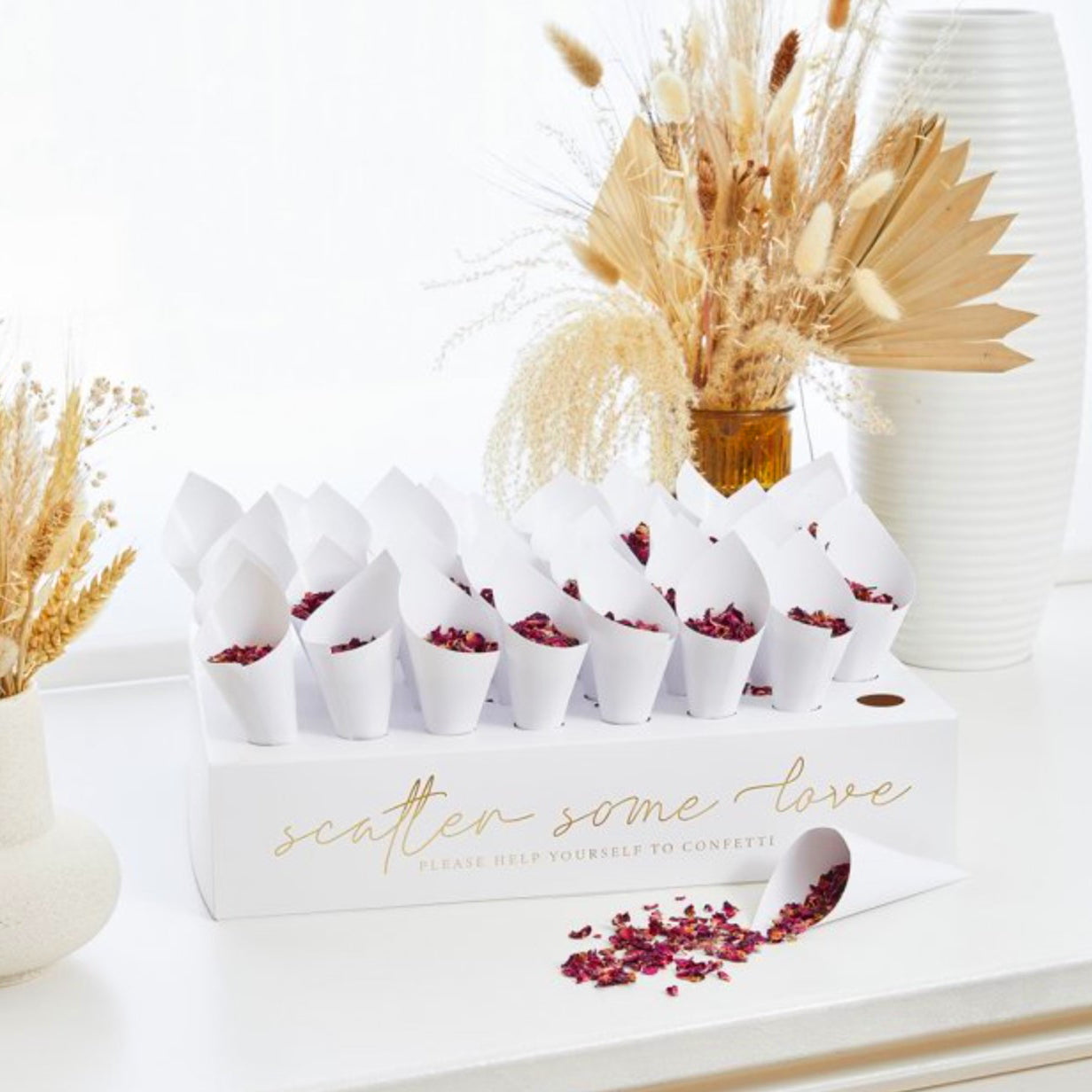 Elegant White Confetti Cone Display Box with 45 Cones