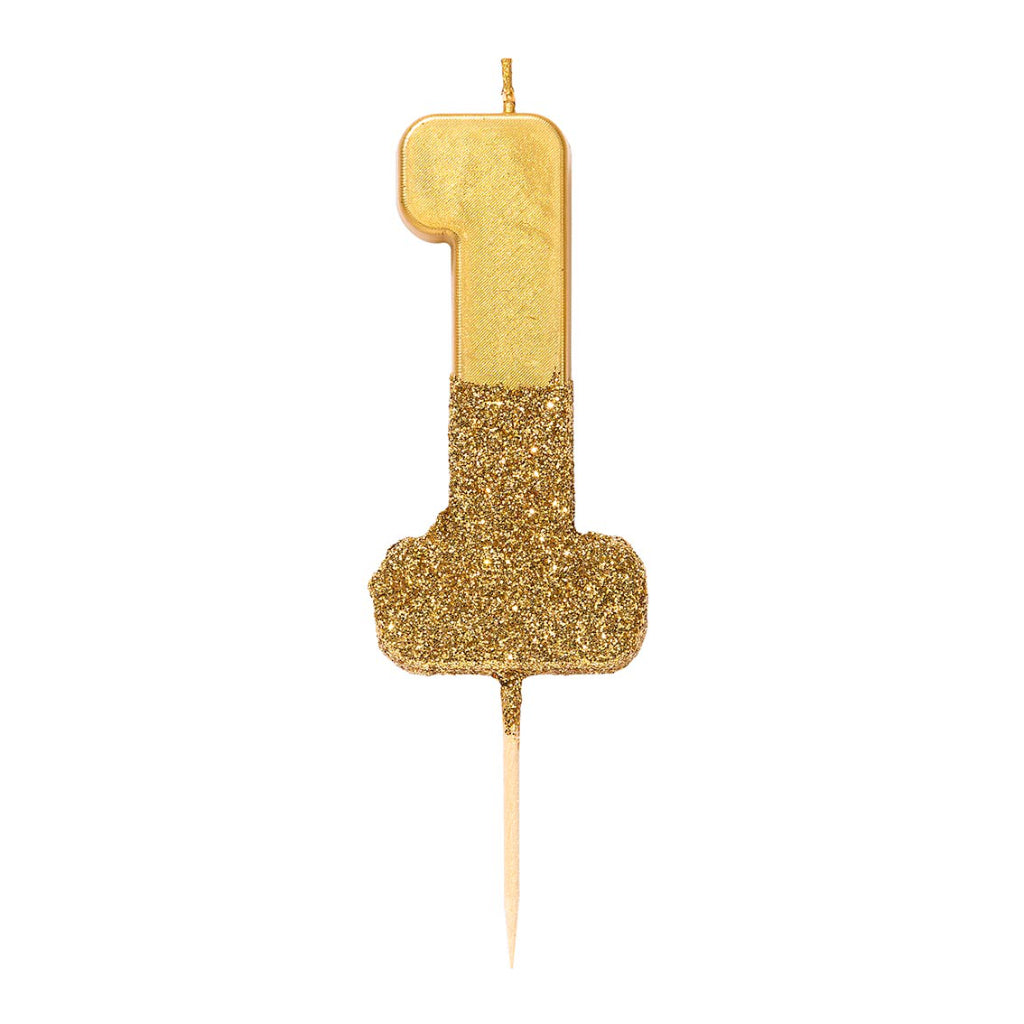 Gold Glitter Dipped Number One Candle