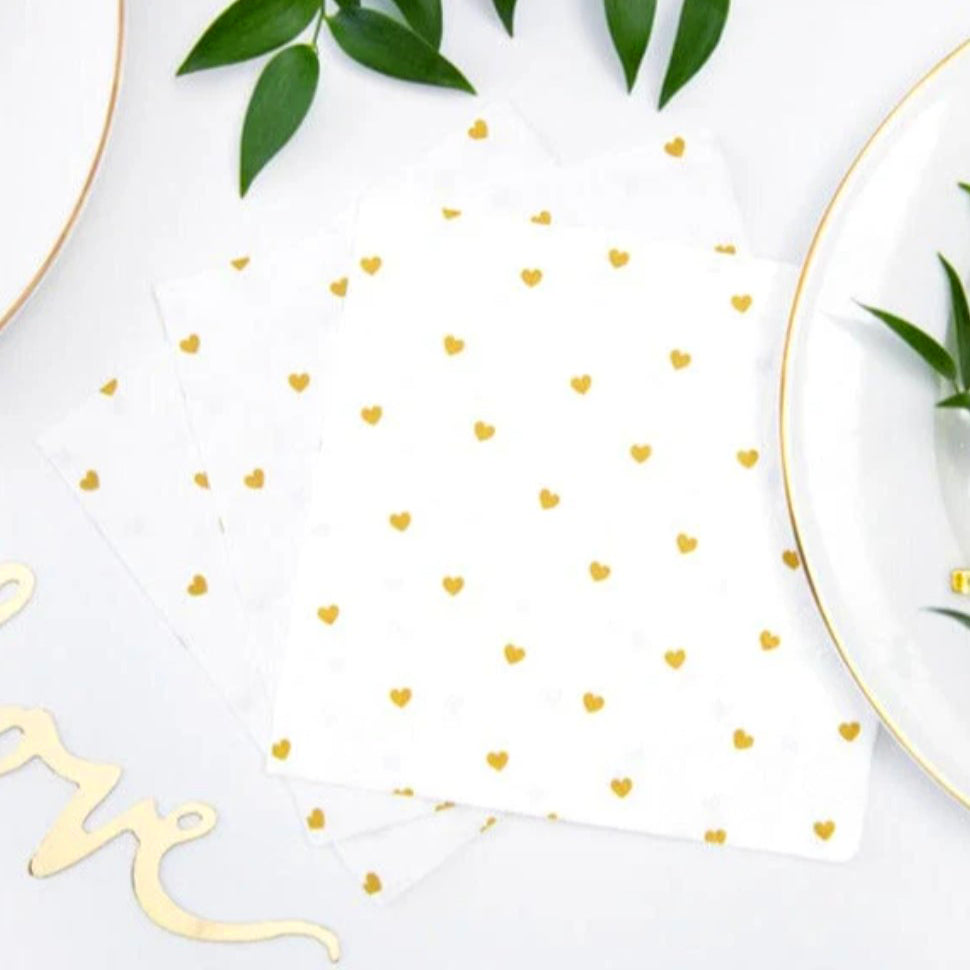 White Napkins With Gold Hearts x 20