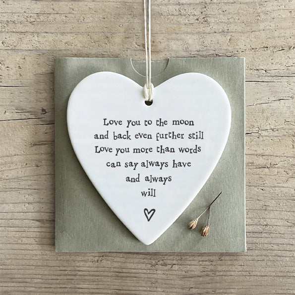 East of India Porcelain Hanging Heart Love you to the moon and back