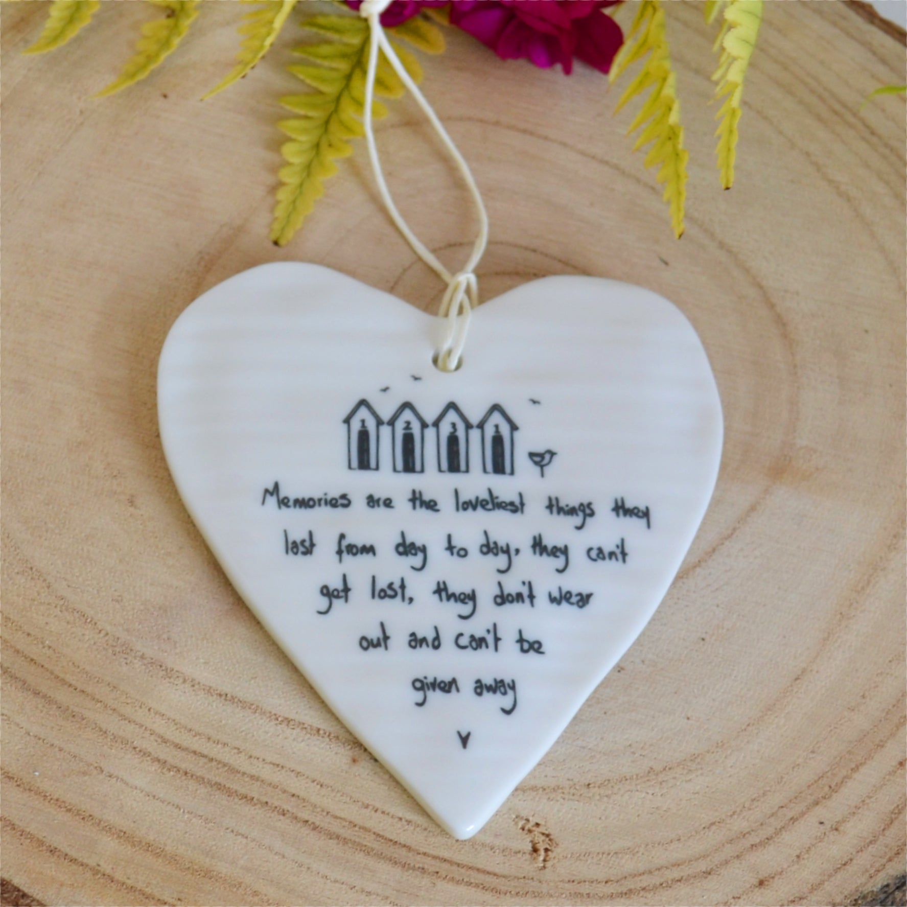 East of India Porcelain Hanging Heart Memories are the loveliest things