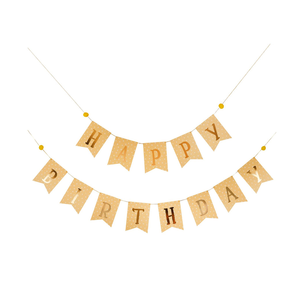 Gold Foiled Happy Birthday Flag Banner with Pompoms