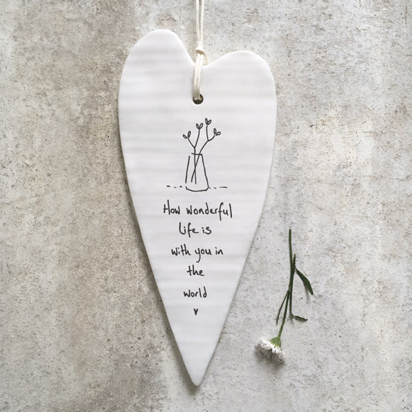 East of India 'How Wonderful Life is' Long Porcelain Hanging Heart