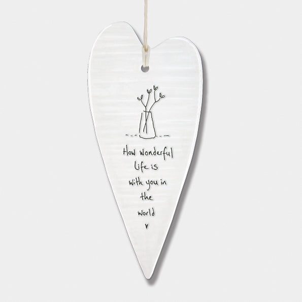 East of India 'How Wonderful Life is' Long Porcelain Hanging Heart