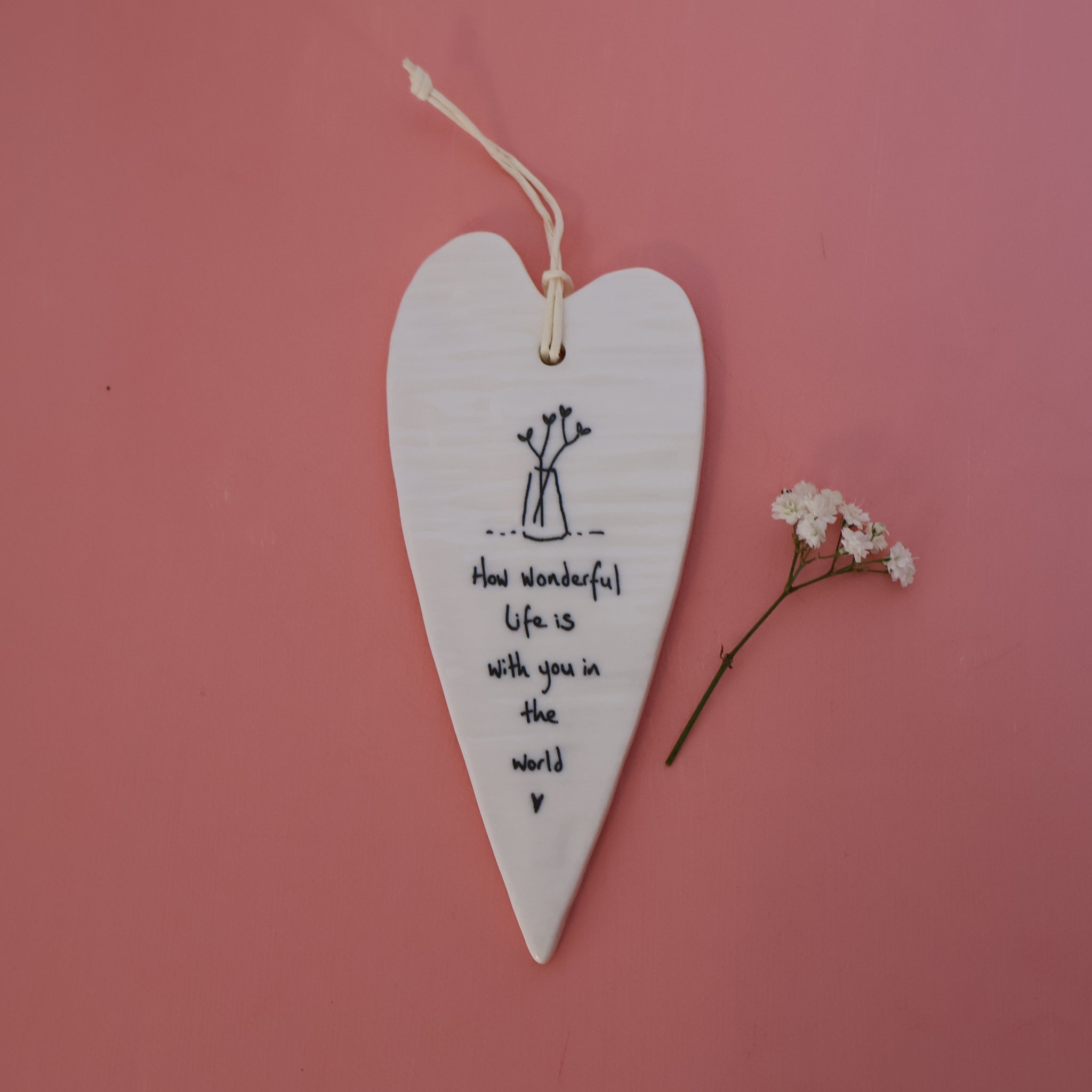 East of India 'How Wonderful Life is' Long Porcelain Hanging Heart