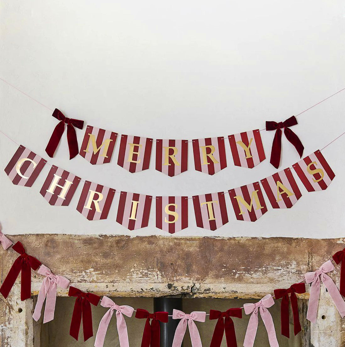 Stripey 'Merry Christmas' Card Bunting With Velvet Bows