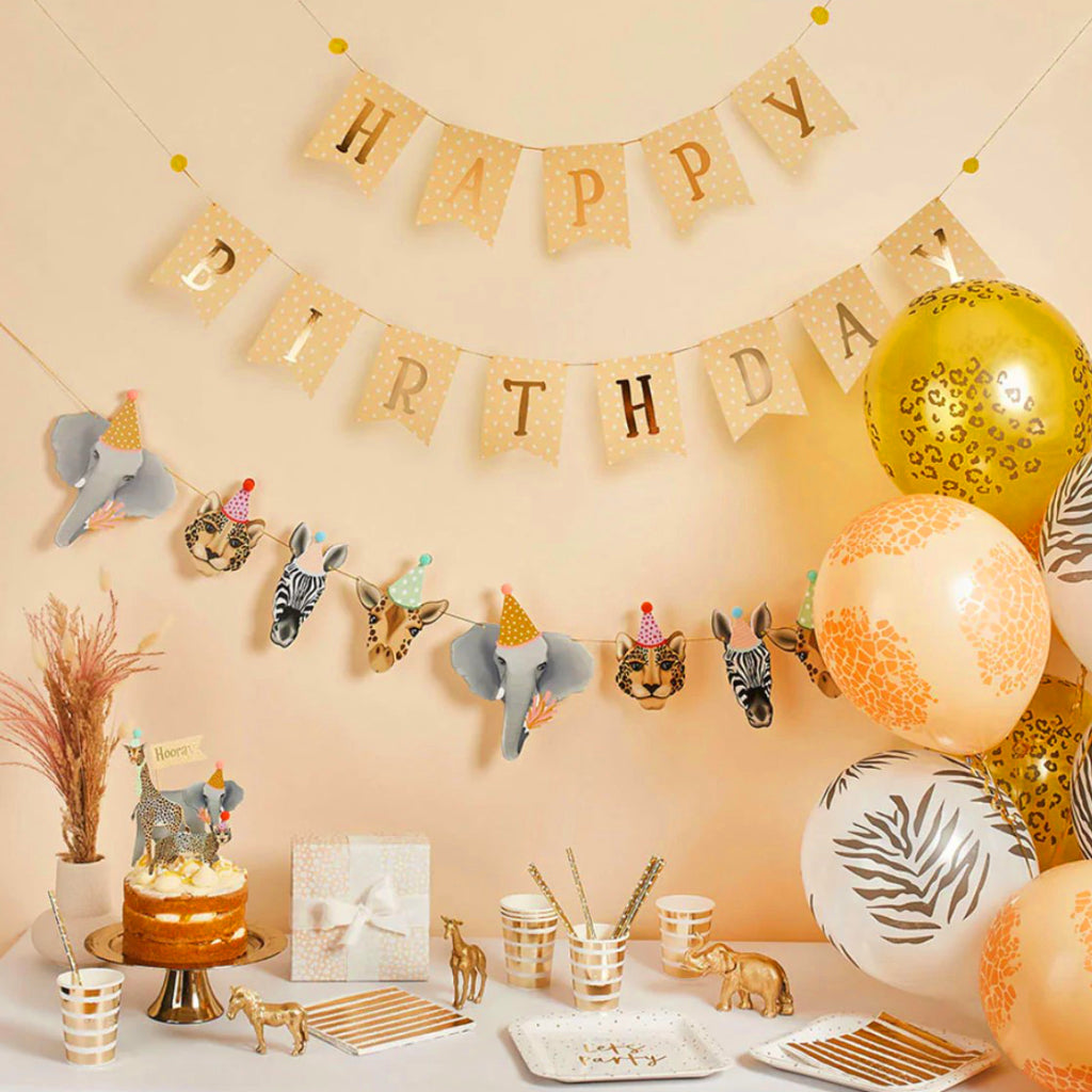 Gold Foiled Happy Birthday Flag Banner with Pompoms