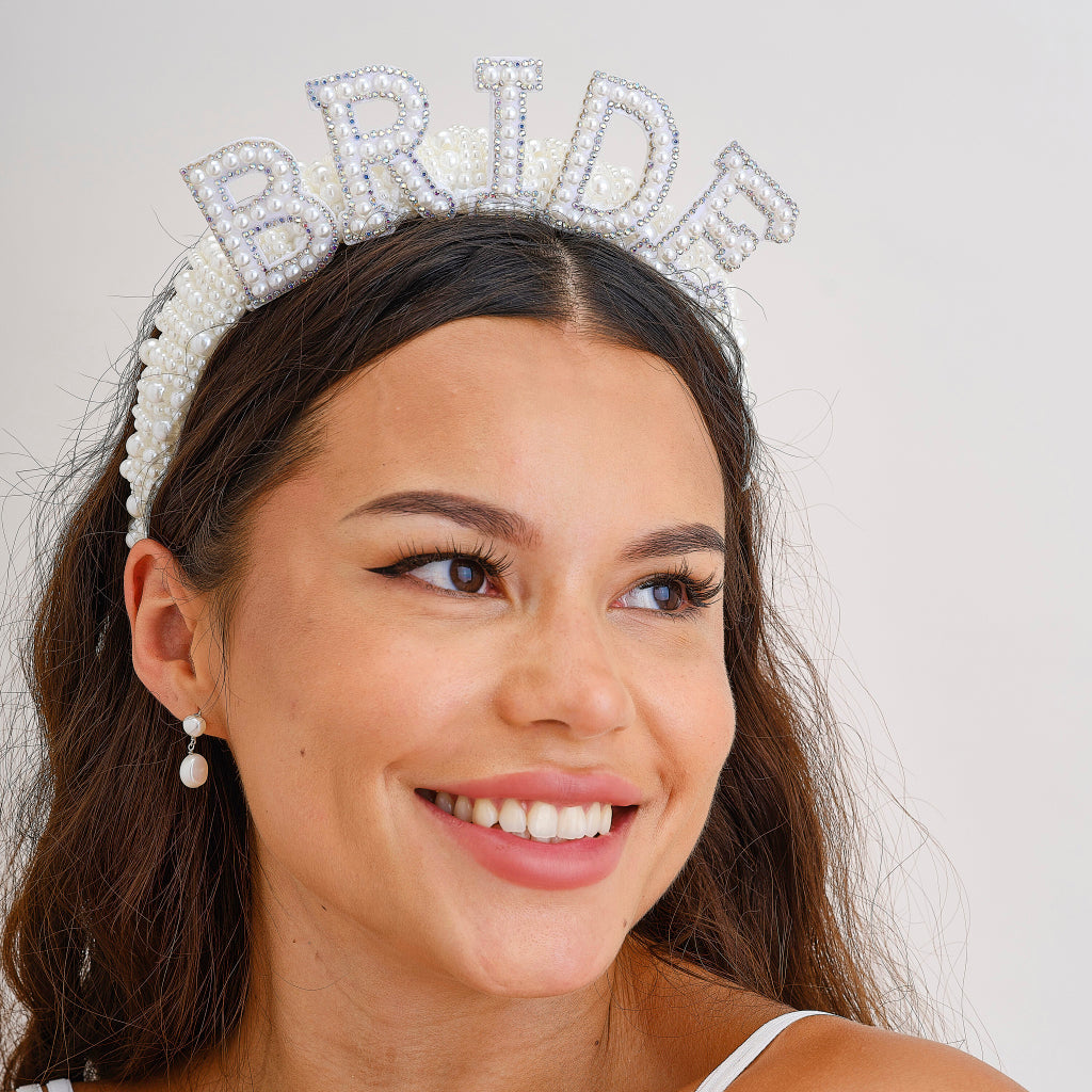 Bride Pearl Headband with Embellished BRIDE Letters,