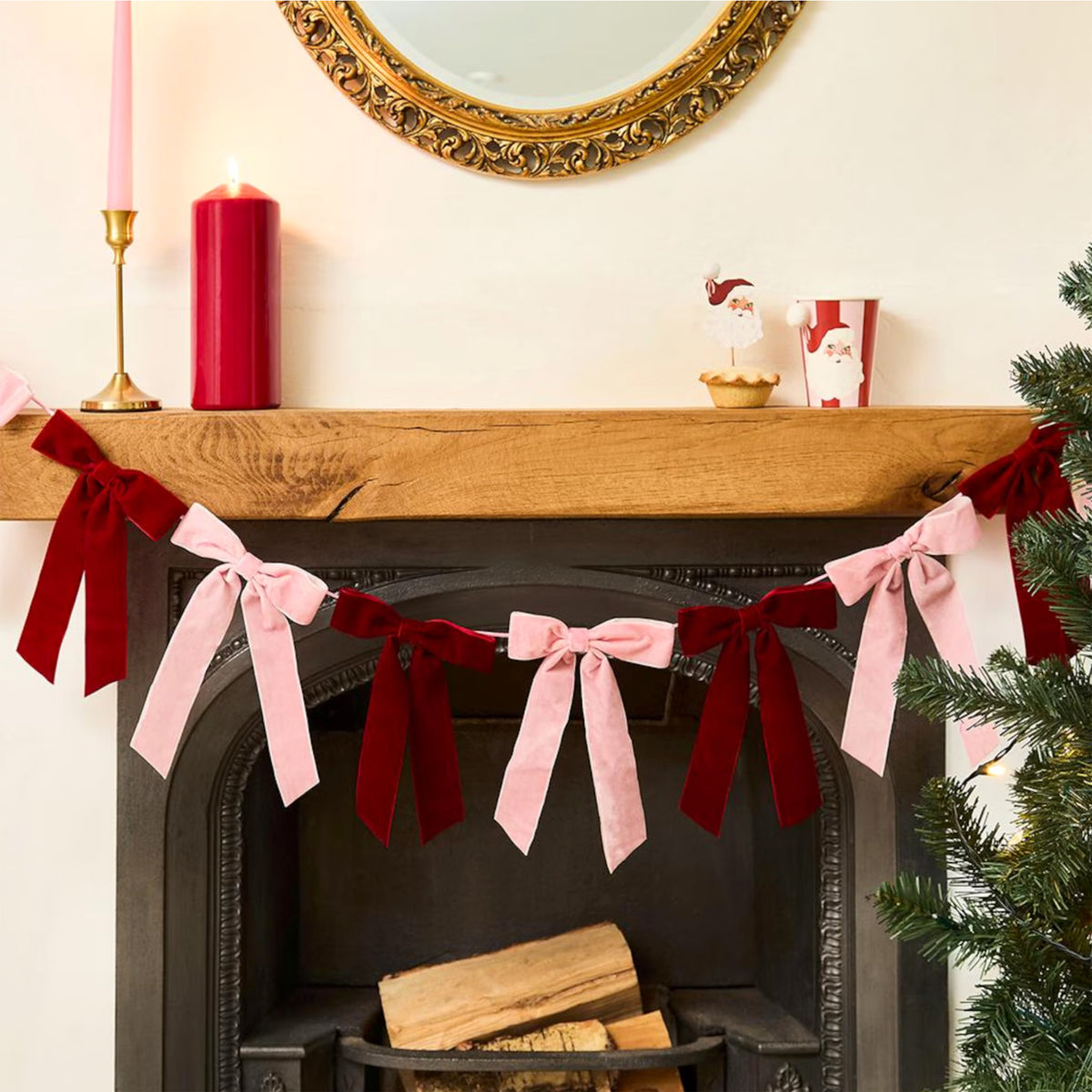 Pink & Red Velvet Bow Garland - 2 Metres