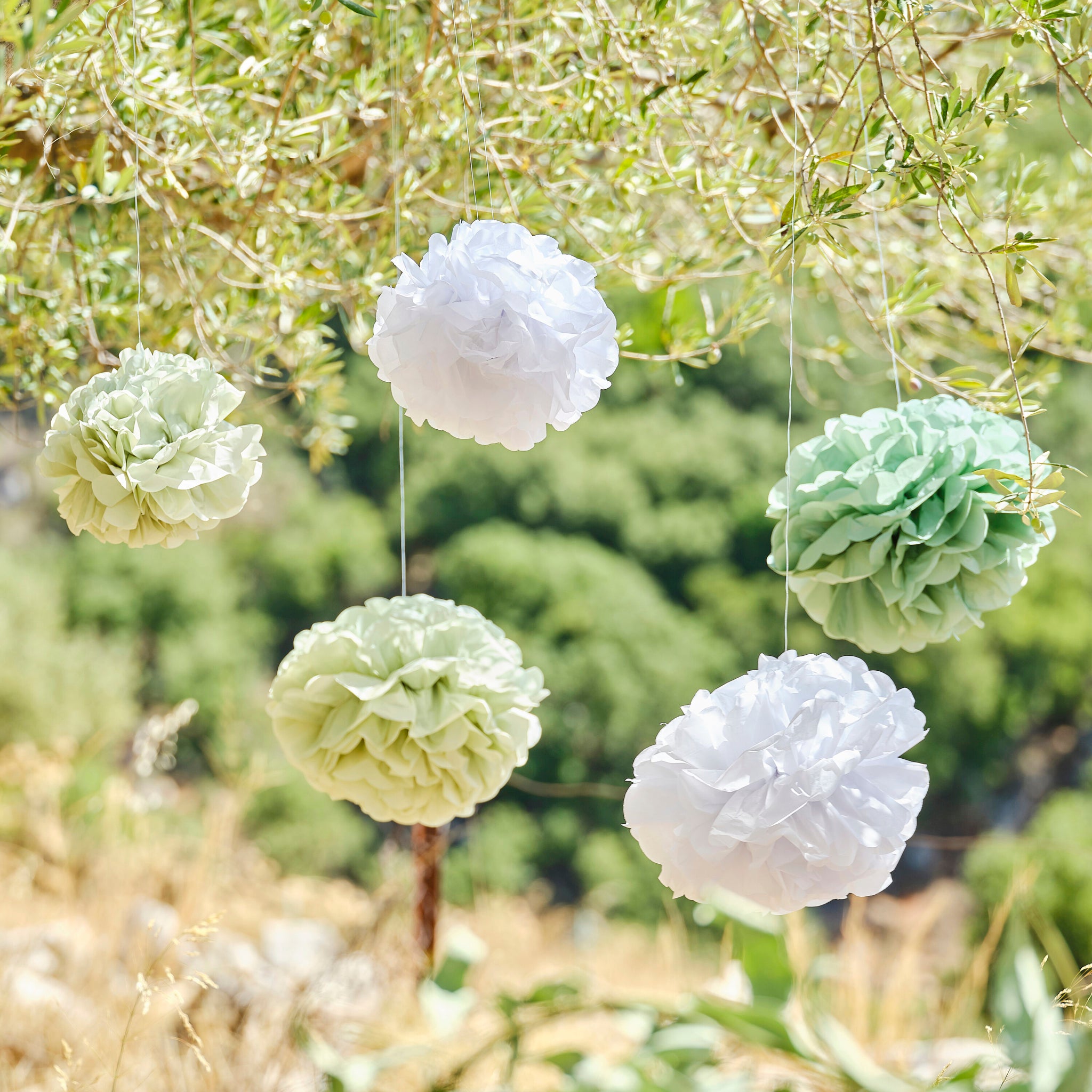 Sage and White Pom Pom Hanging Decorations x 5