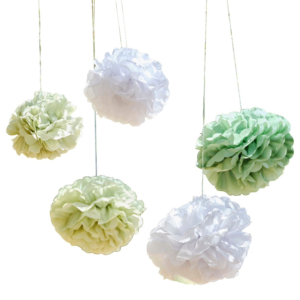 Sage and White Pom Pom Hanging Decorations x 5