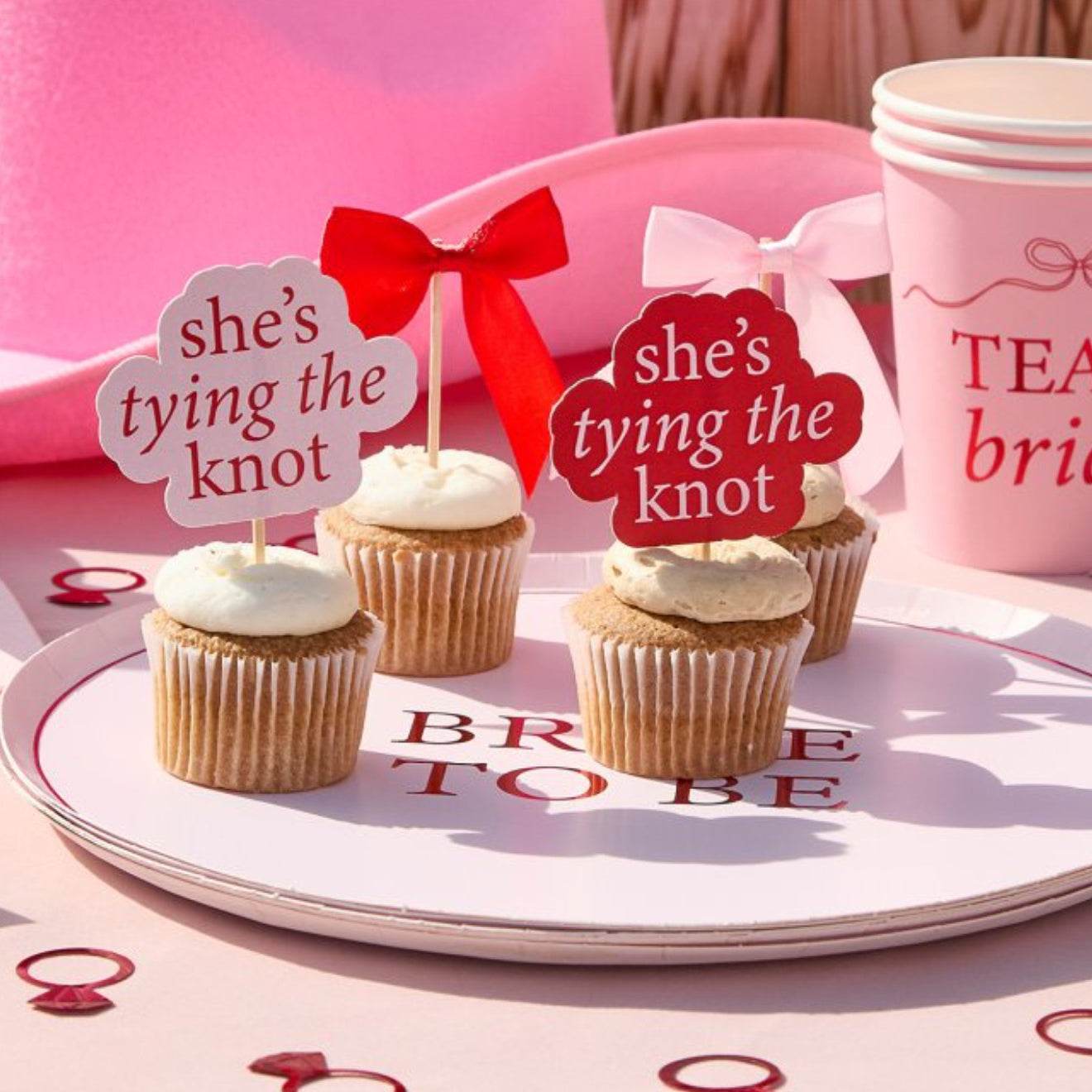 Pink & Red She's Tying The Knot Satin Bows Cupcake Toppers x 12