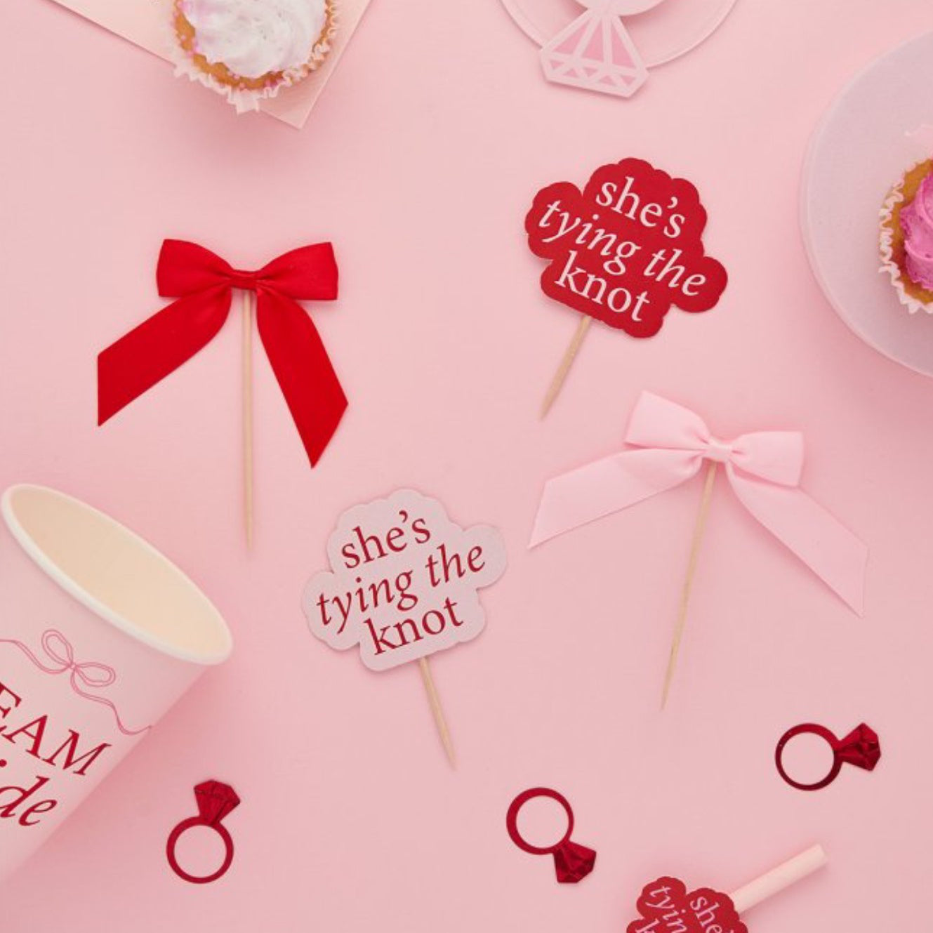 Pink & Red She's Tying The Knot Satin Bows Cupcake Toppers x 12