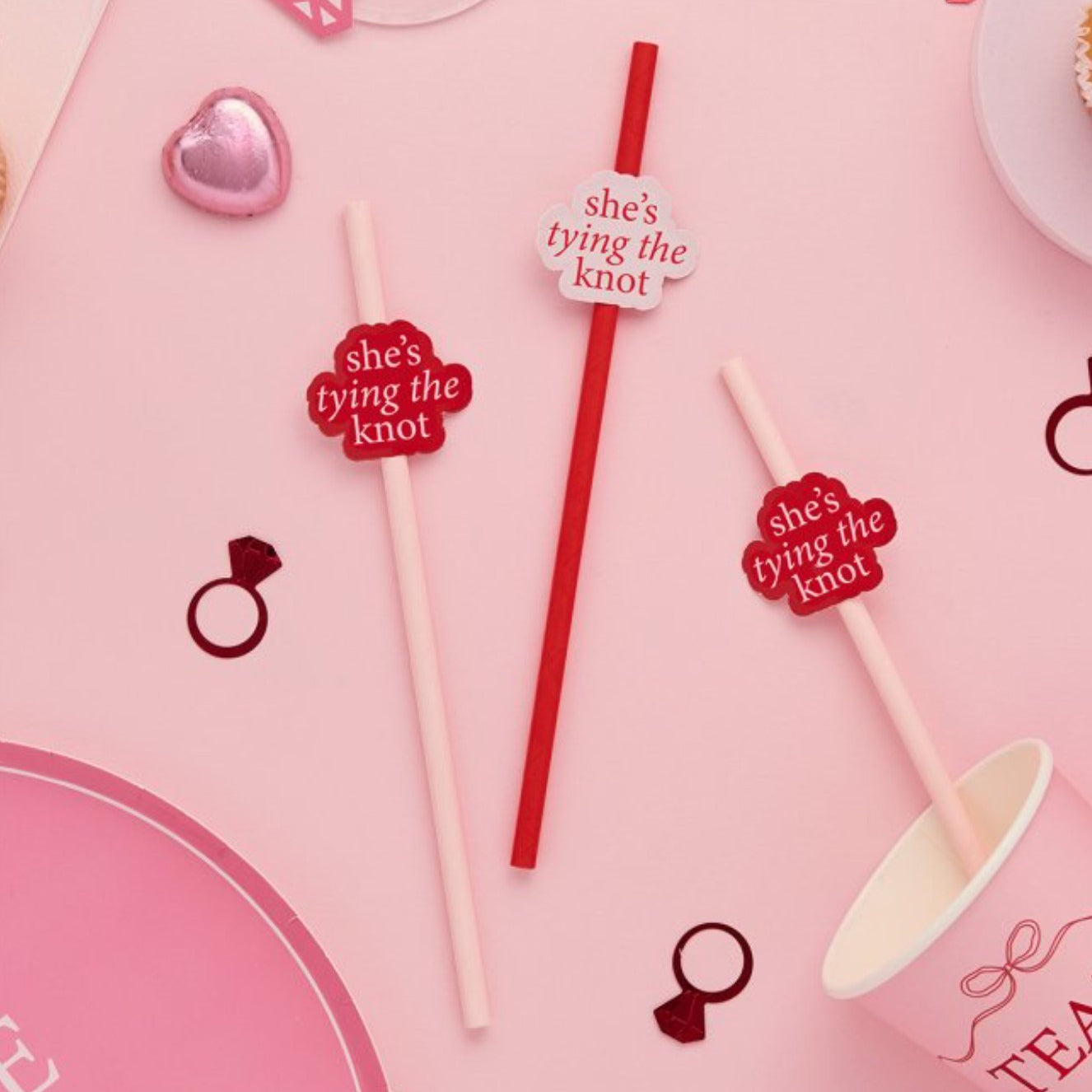 Pink & Red She's Tying The Knot Hen Party Straws x 16