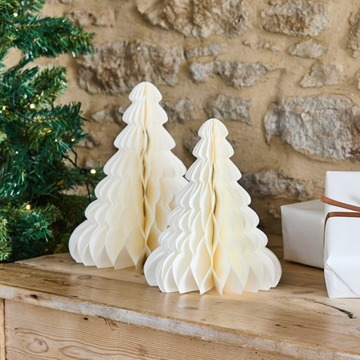 Soft White Honeycomb Christmas Trees x 2