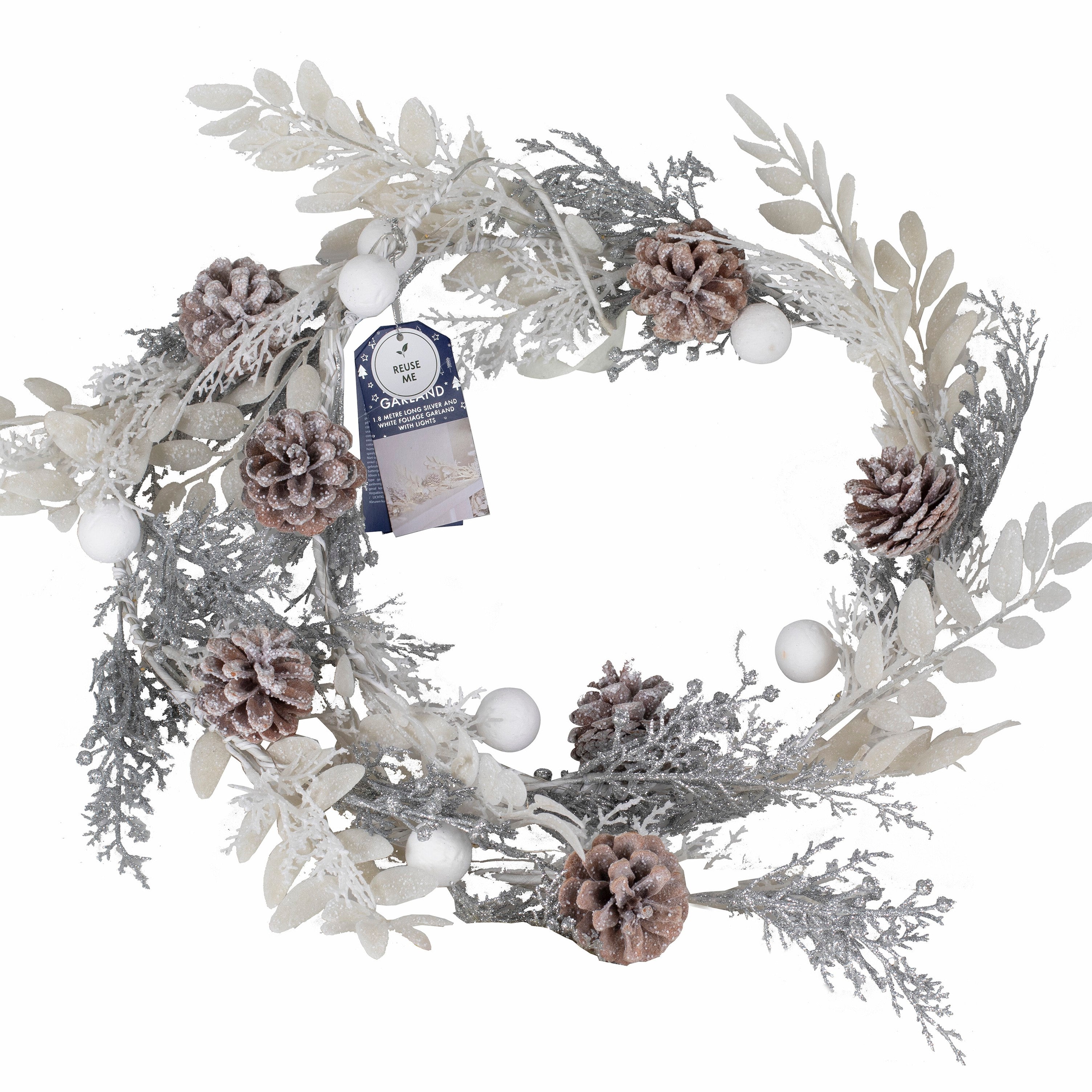 White and Silver Berry Foliage Garland With Lights