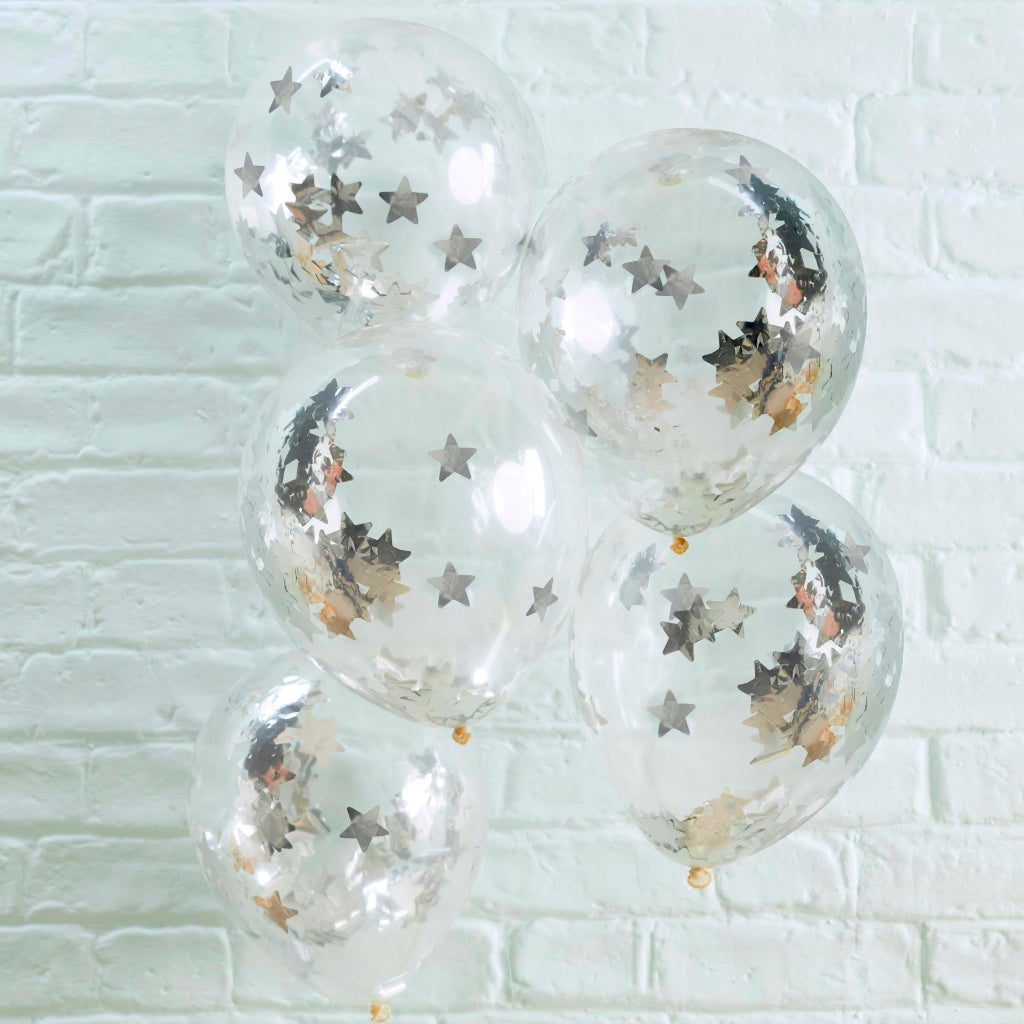 Silver Star Confetti Balloons (x5)