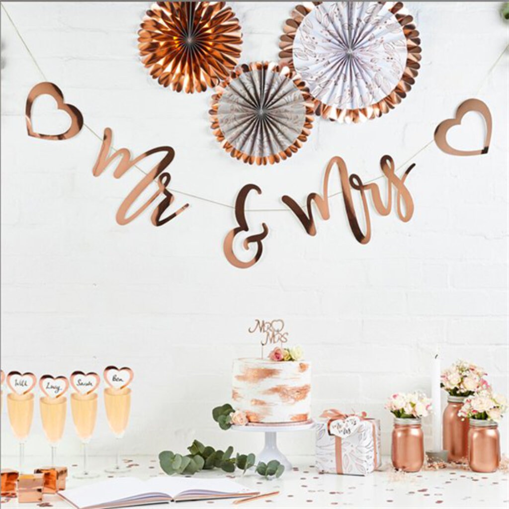 Rose Gold Mr & Mrs Bunting With Hearts