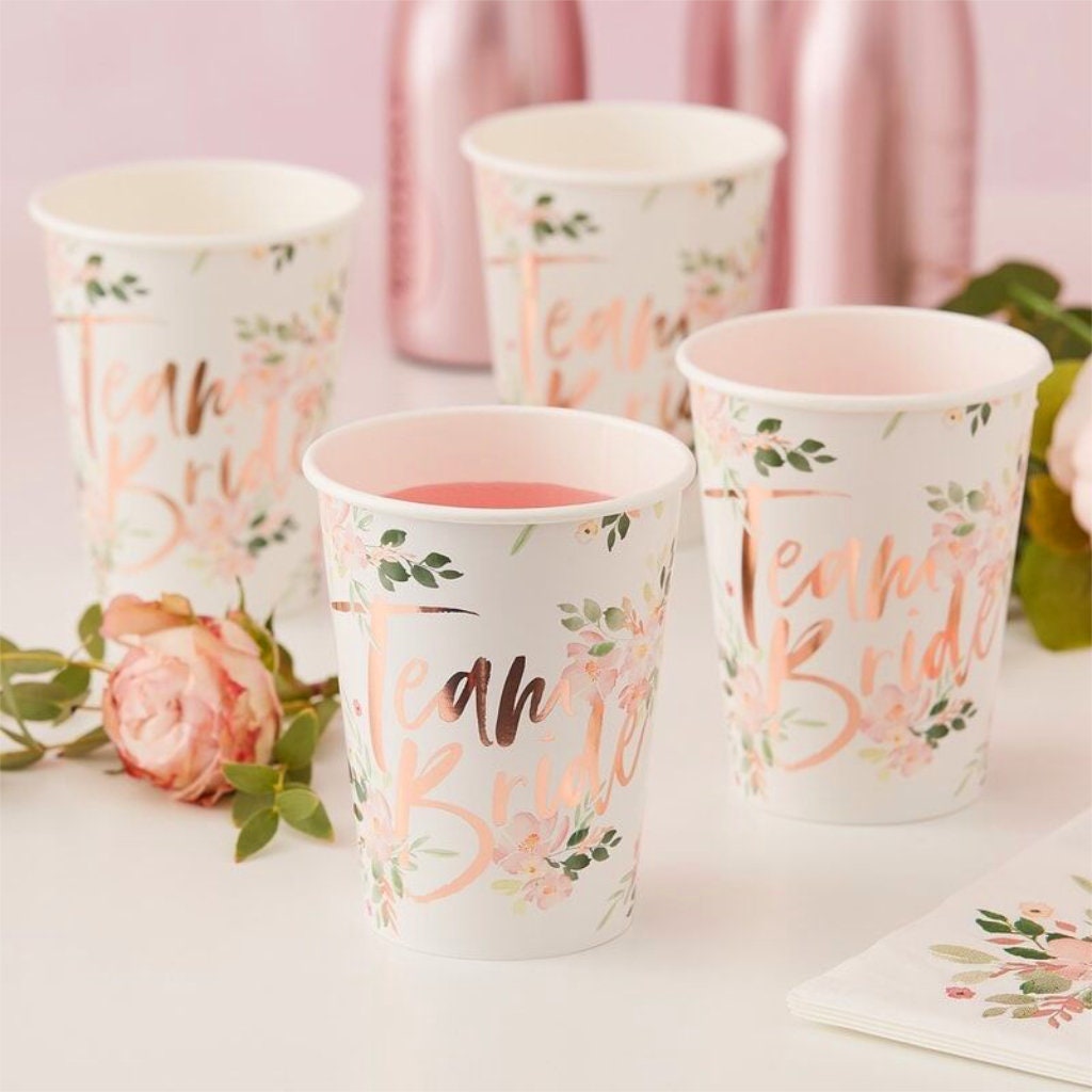 Floral Rose Gold Team Bride Cups (x8)