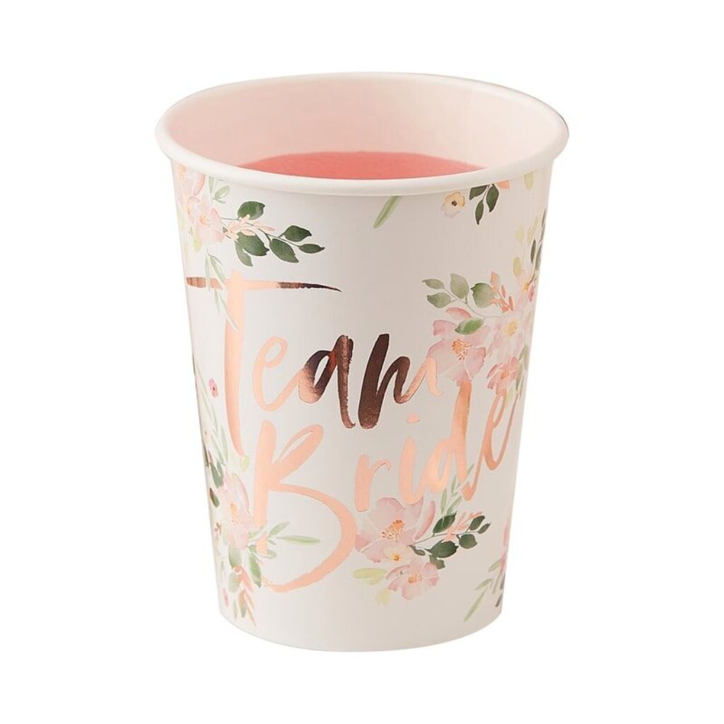 Floral Rose Gold Team Bride Cups (x8)